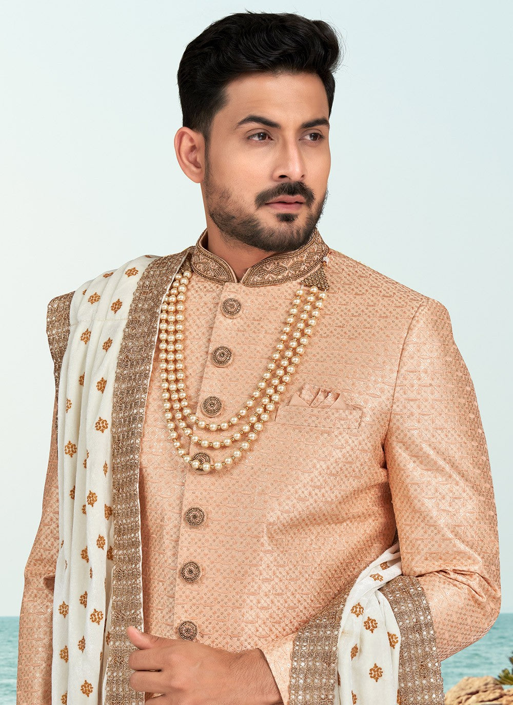 Machine Embroidery Silk Peach Sherwani - M6793