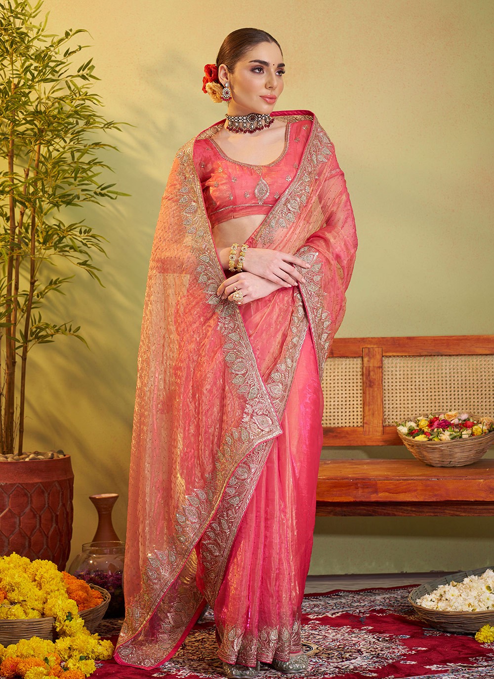 Swarovski Organza Peach Saree S14372