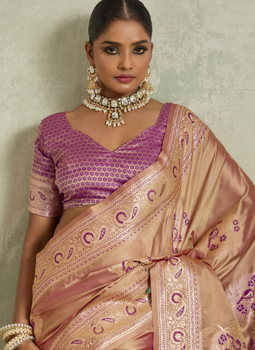 Peach Satin Silk Designer Saree Banarasi Jari, Border Work, Meenakari, Woven S19051