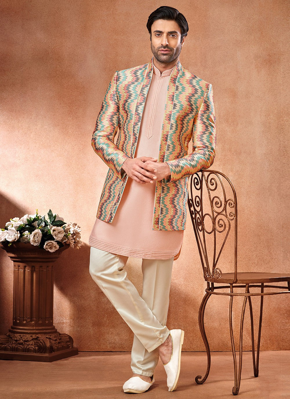 Embroidered Banarasi Silk Peach Jodhpuri Suit - M6668