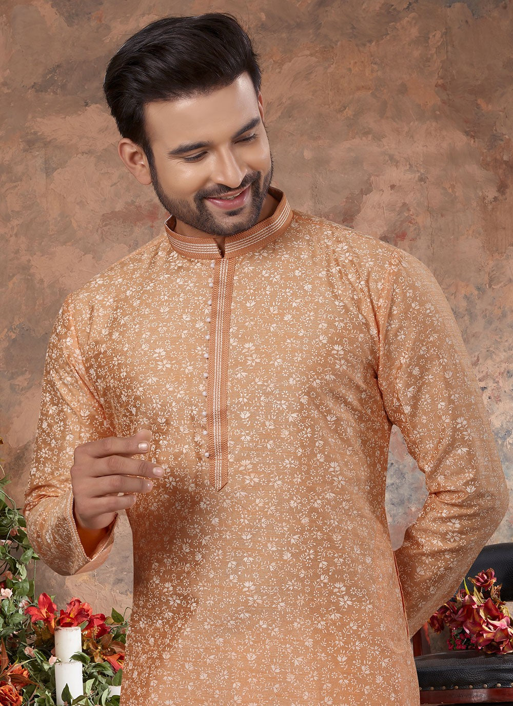 Digital Print Silk Peach Kurta - M5613