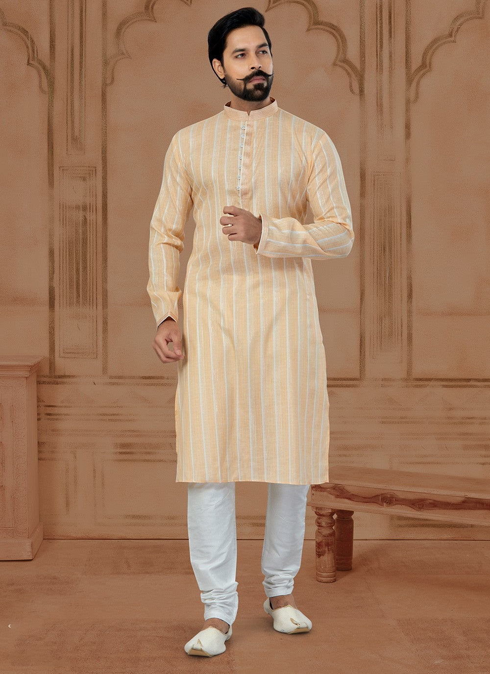 Fancy Work Soft Cotton Peach Kurta - M5775