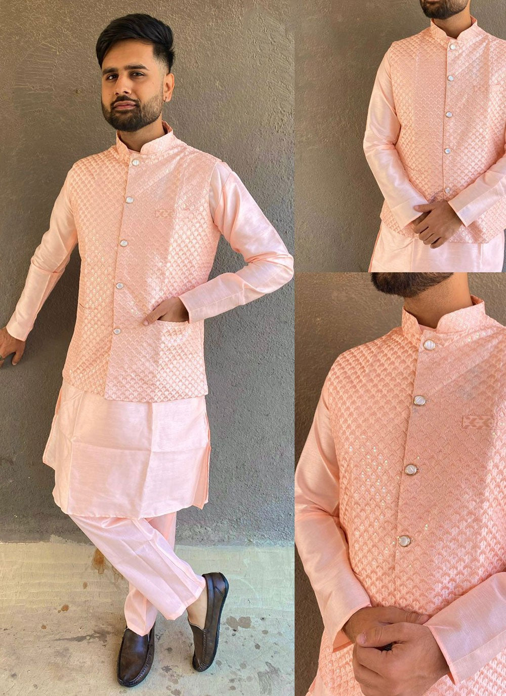 Embroidered Banglori Silk Peach Kurta Payjama With Jacket - M6869
