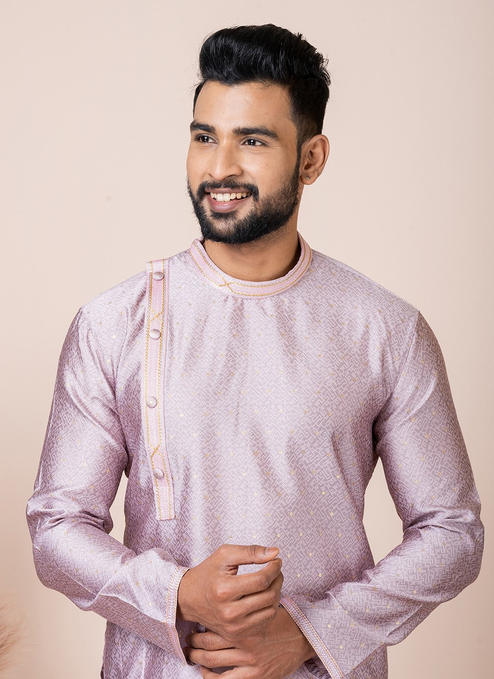 Printed Jacquard Silk Peach Kurta Pyjama - M8543