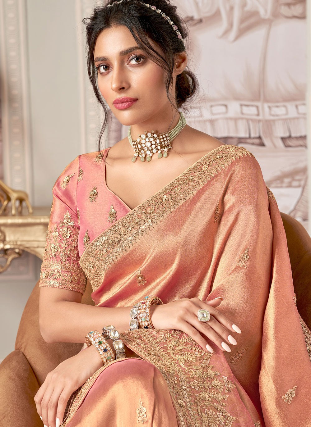 Peach Jacquard Silk Trendy Saree Buttis, Embroidered, Sequins, Zari S17438