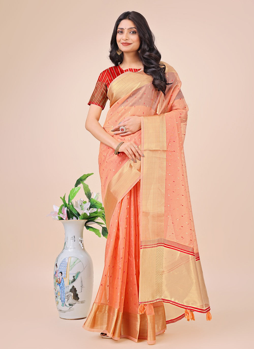 Woven Organza Peach Contemporary Saree S15184