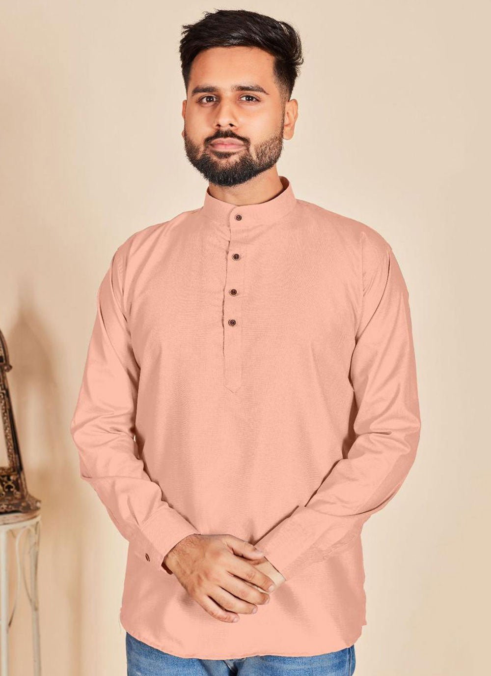 Plain Cotton Peach Short Kurta - M6781