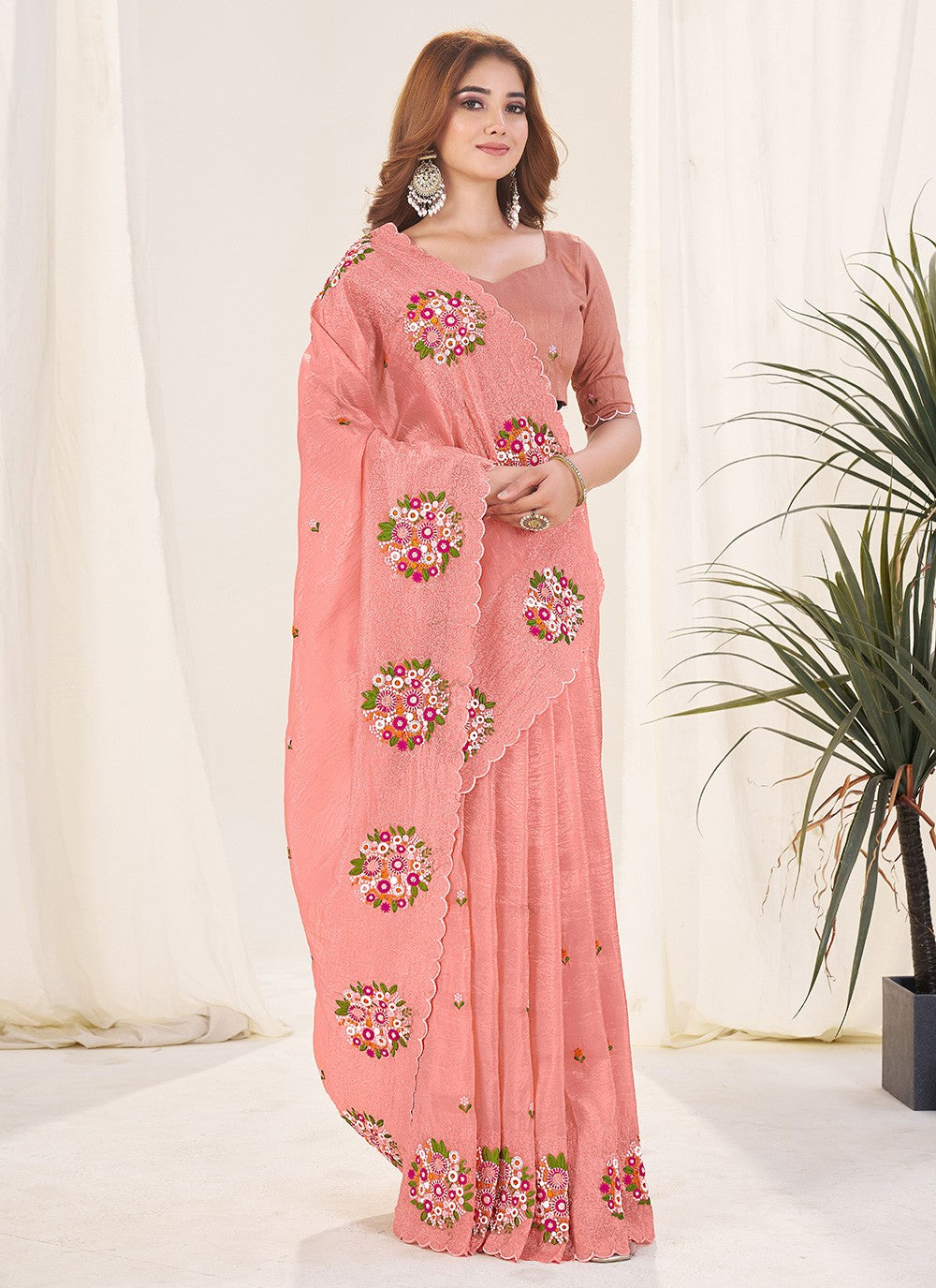 Peach Crush Trendy Saree Cut Work, Embroidered, Thread S19136