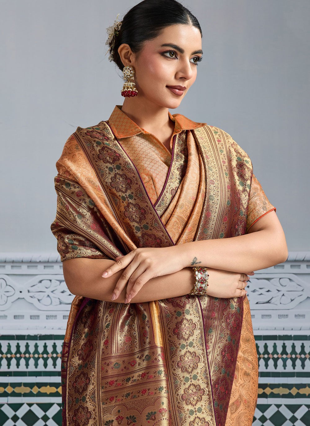 Peach Kanjivaram Silk Designer Saree Jaal, Meenakari, Woven, Zari S19340