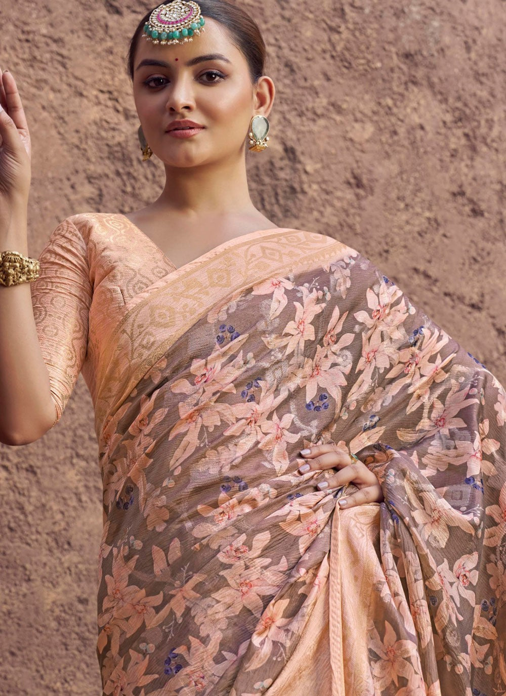Peach Jacquard Classic Saree Digital Print S20342