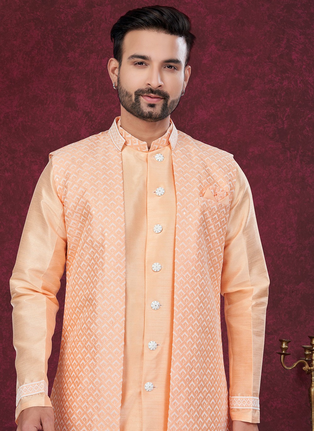 Embroidered Art Silk Peach Indo Western Sherwani - M8602