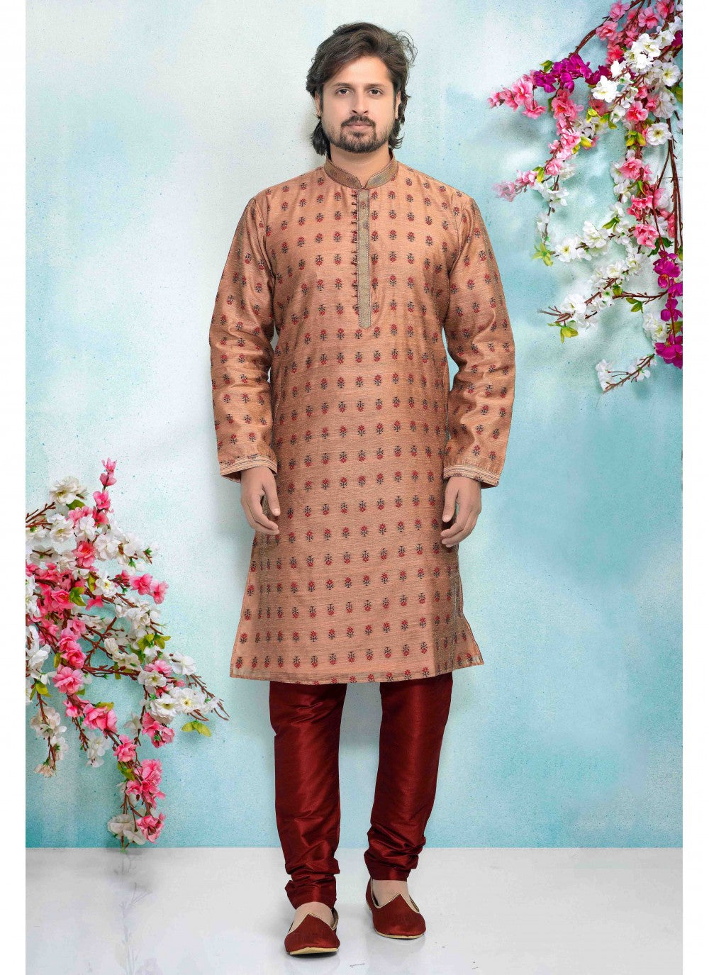 Printed Jacquard Silk Peach Kurta Pyjama - M1680