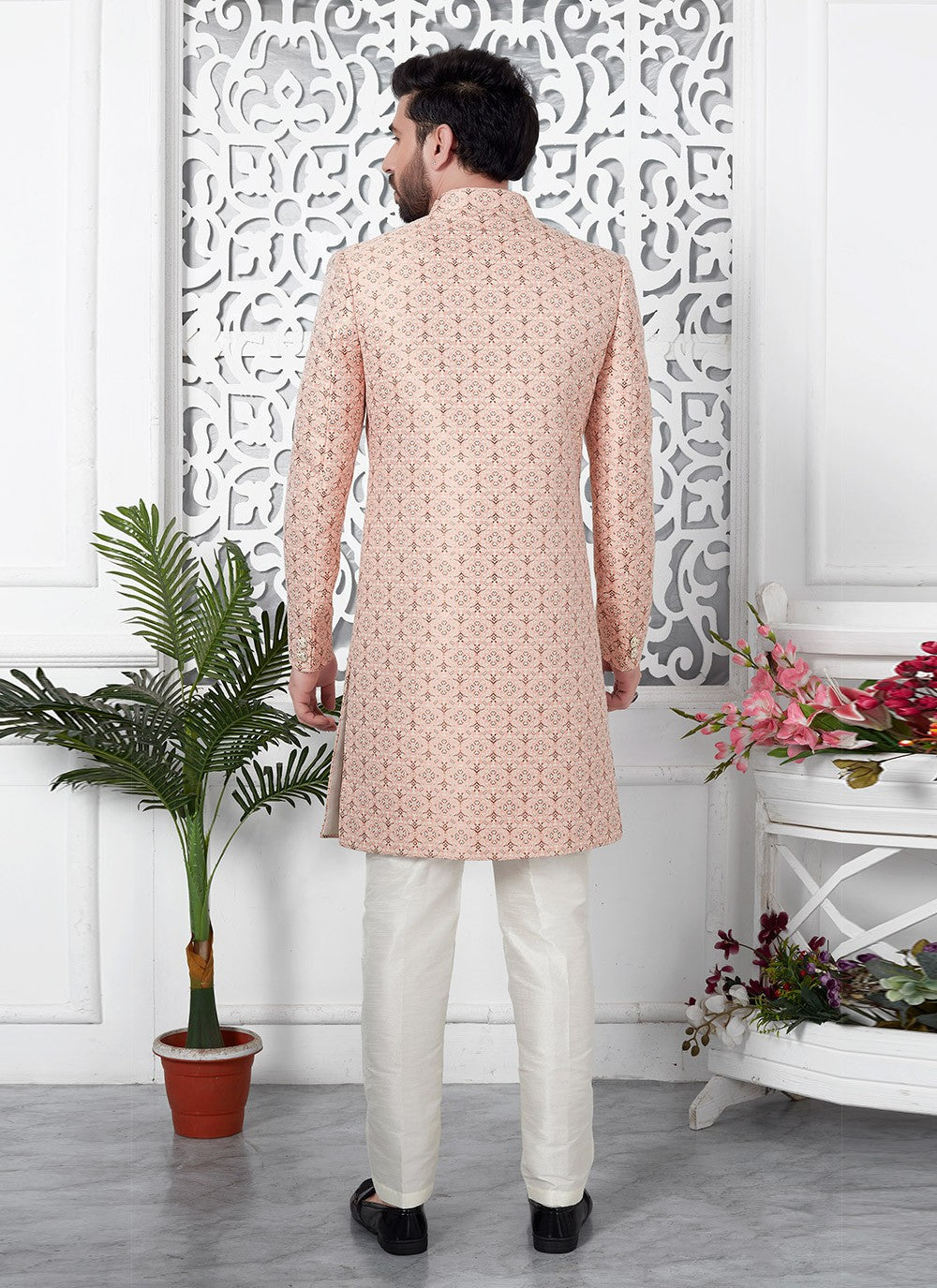 Fancy Work Jacquard Silk Peach Indo Western - M6624