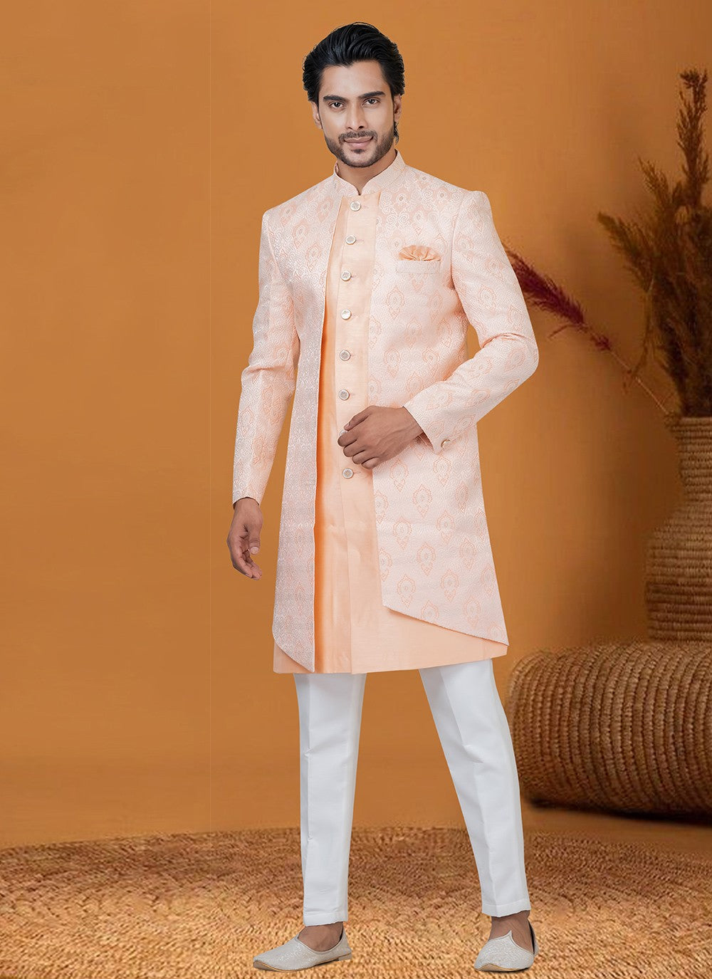 Jacquard Work Jacquard Silk Peach Indo Western - M8409