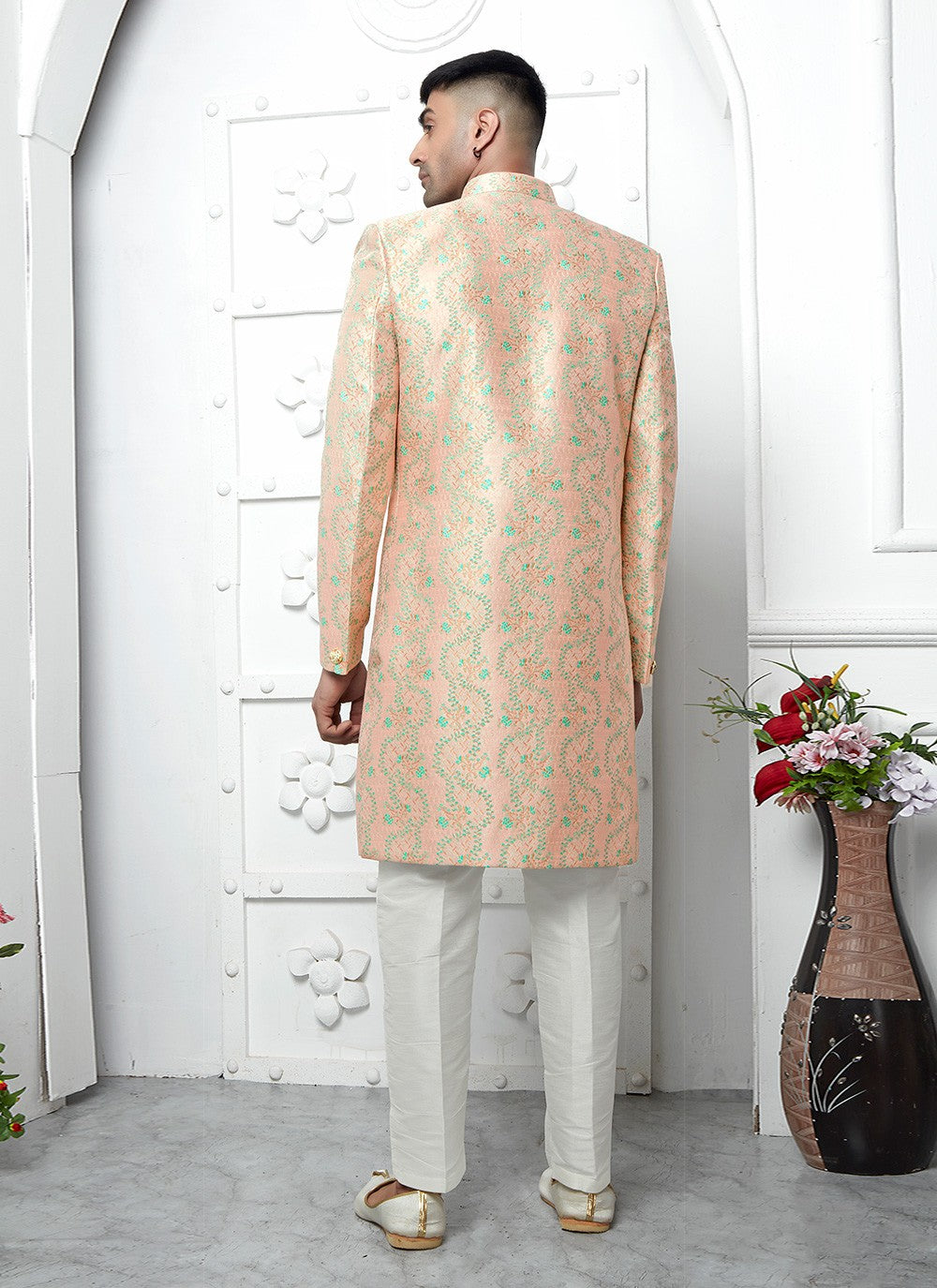 Fancy Work Jacquard Silk Peach Indo Western - M6612
