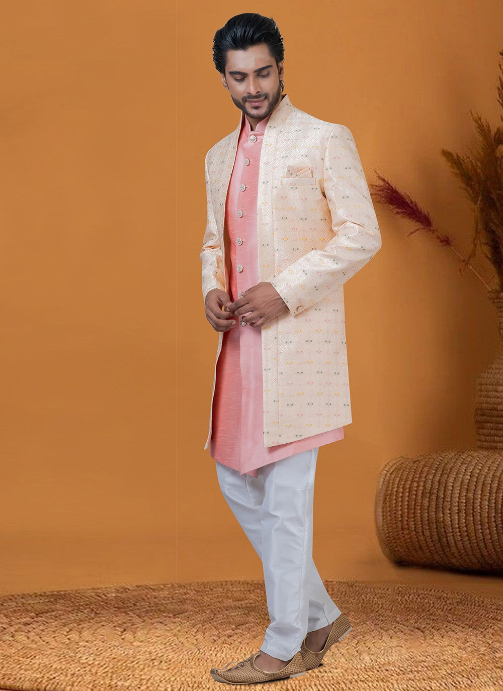 Jacquard Work Jacquard Silk Peach Indo Western - M8406