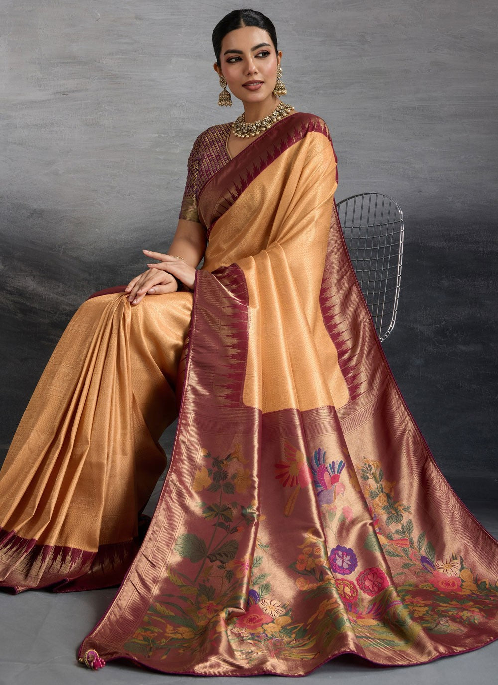Peach Kanjivaram Silk Contemporary Saree Meenakari, Weaving Zari, Zari S19373