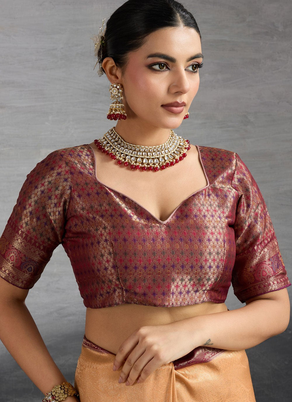 Peach Kanjivaram Silk Designer Saree Meenakari, Woven, Zari S19104