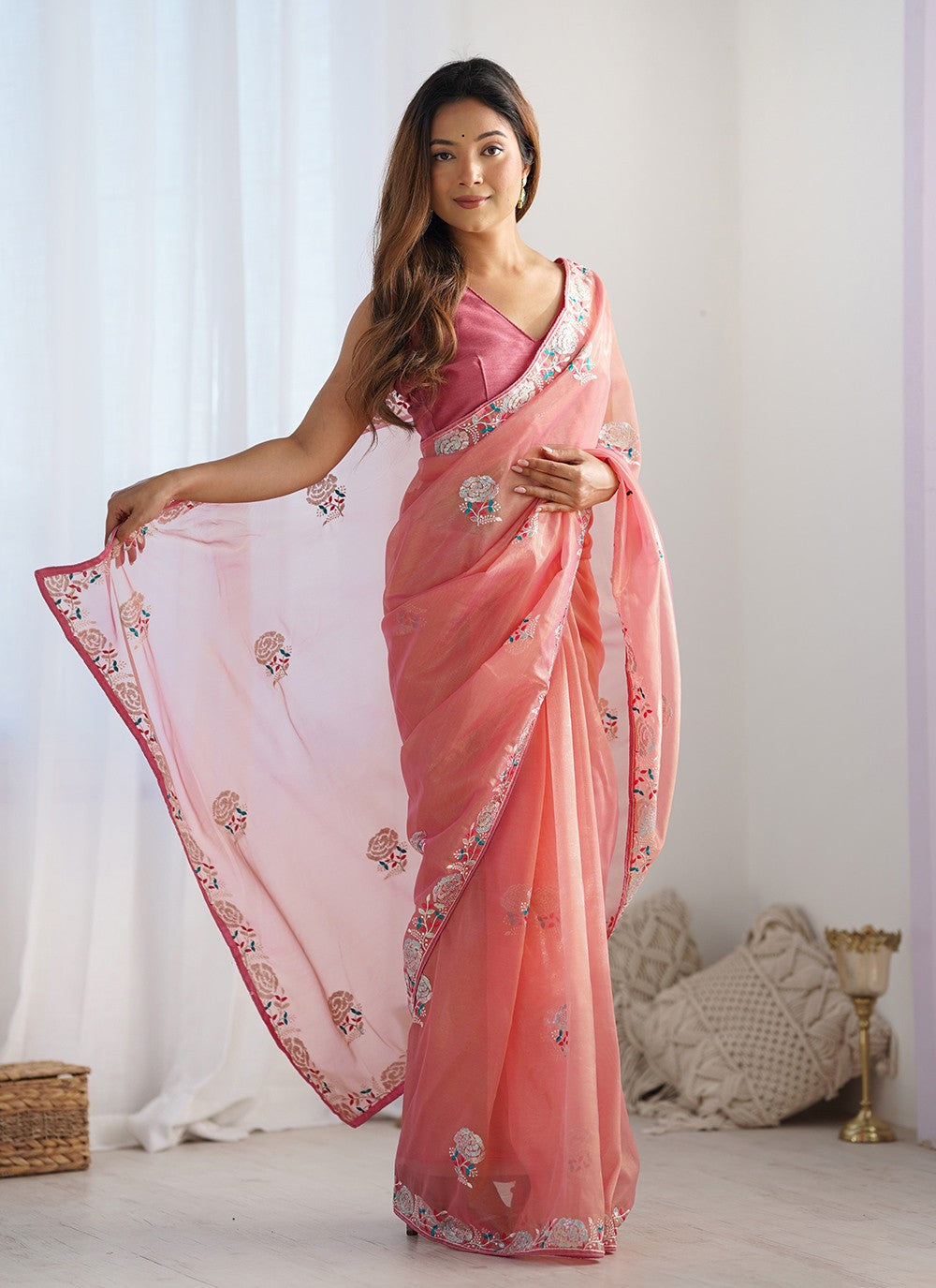 Classic Saree Embroidered Peach Net S12463