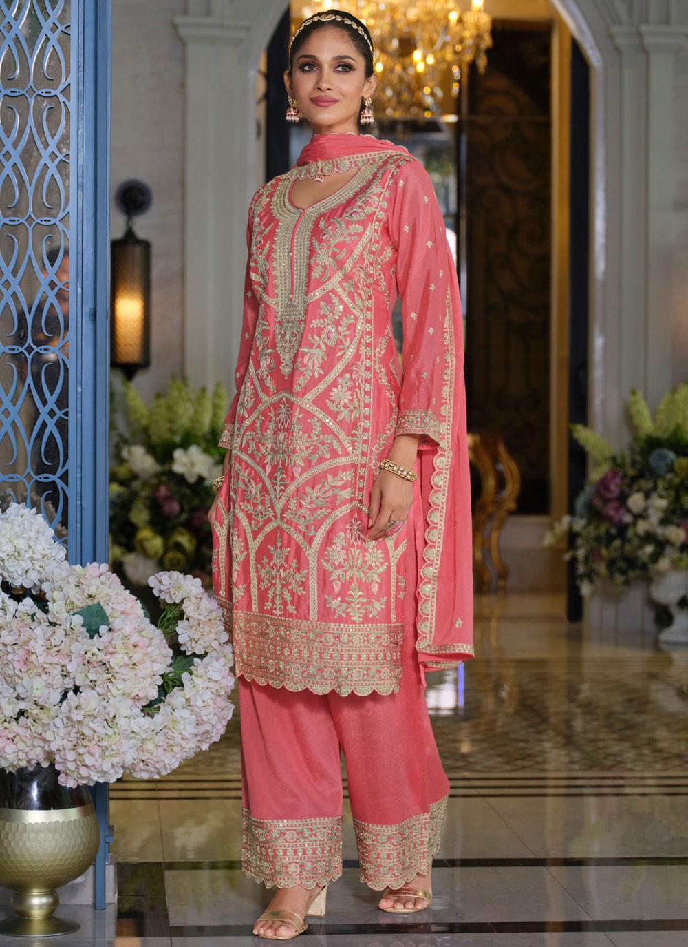 Palazzo Suit Embroidered, Resham Peach T7835