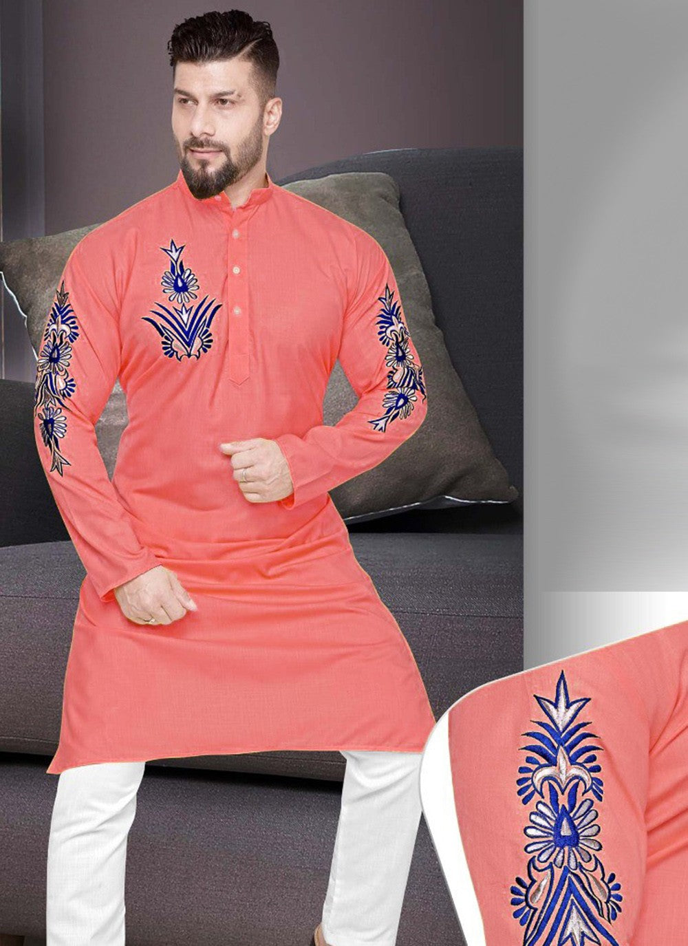 Resham Cotton Peach Kurta - M2265