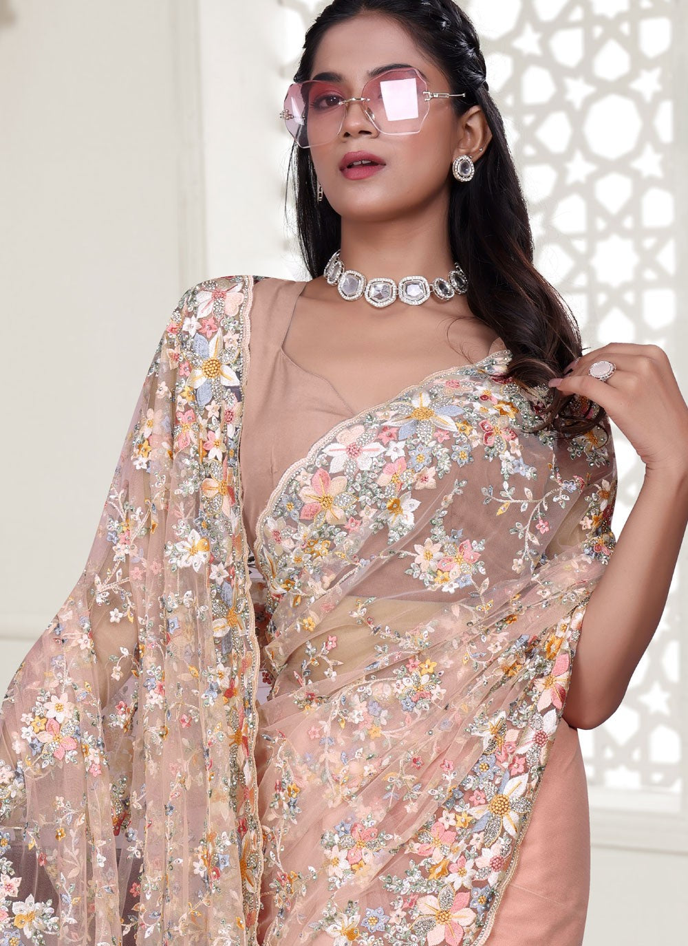 Peach Net Contemporary Saree Cut Work, Embroidered, Resham, Stones, Zircon S17804