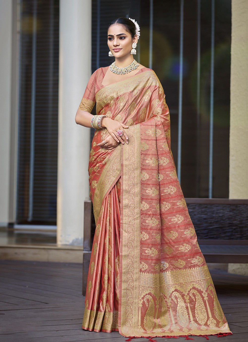 Classic Saree Weaving Zari Peach Satin Silk Saree S12717