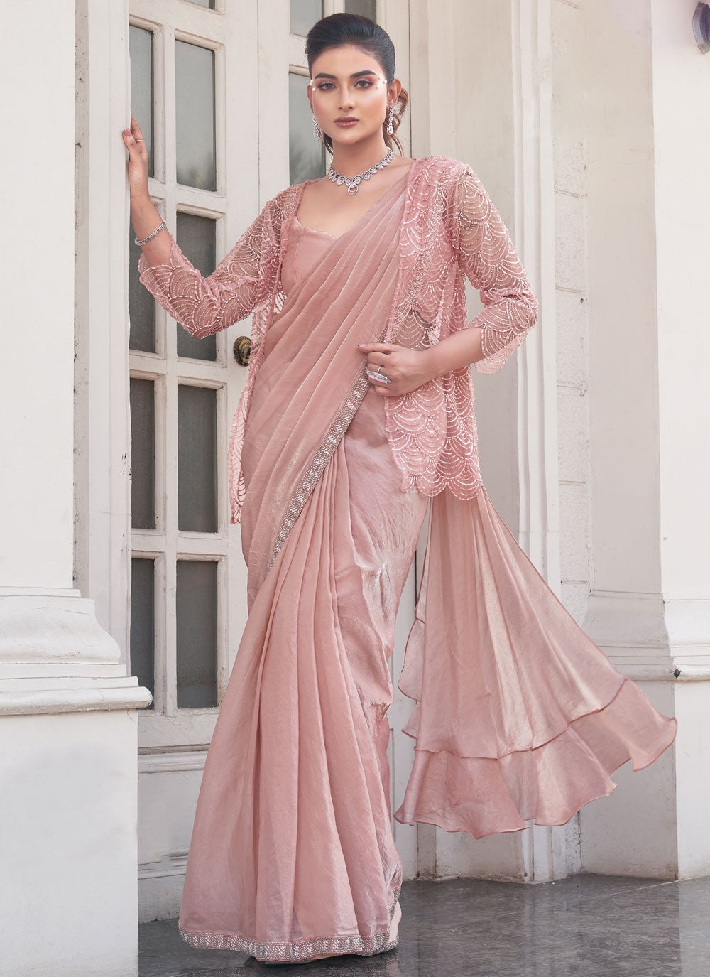 Trendy Saree Beads Peach Satin Silk Saree S13380