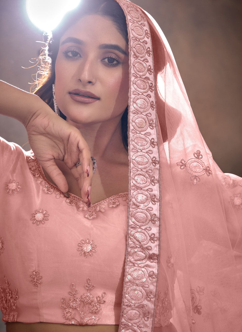 Embroidered Net Peach Lehenga - L3264