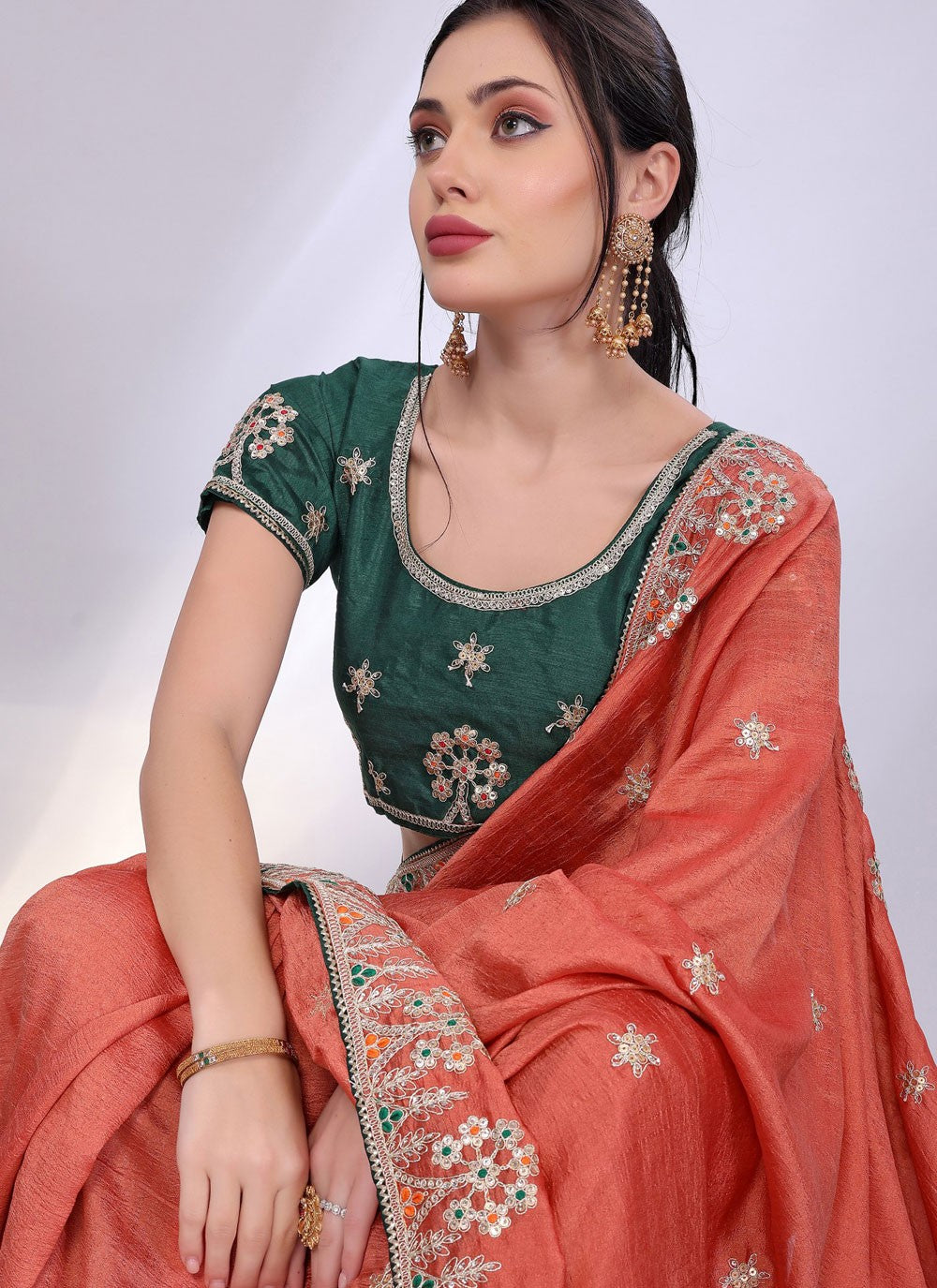 Embroidered Silk Peach Saree S13827
