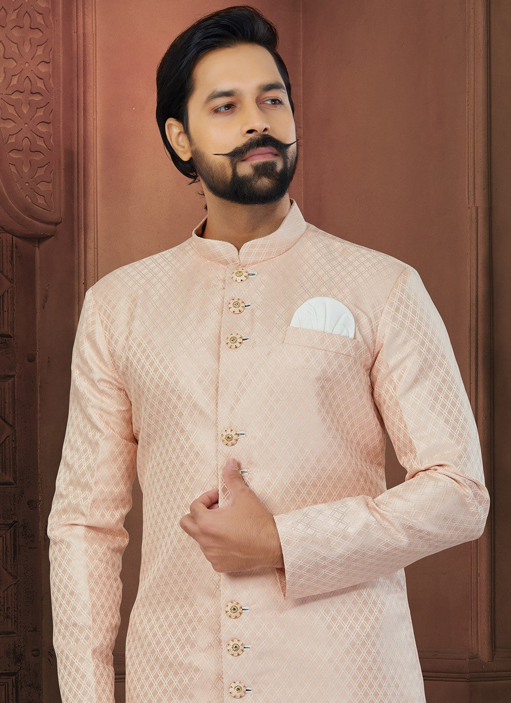 Fancy Work Banarasi Jacquard Peach Indo Western Sherwani - M5796