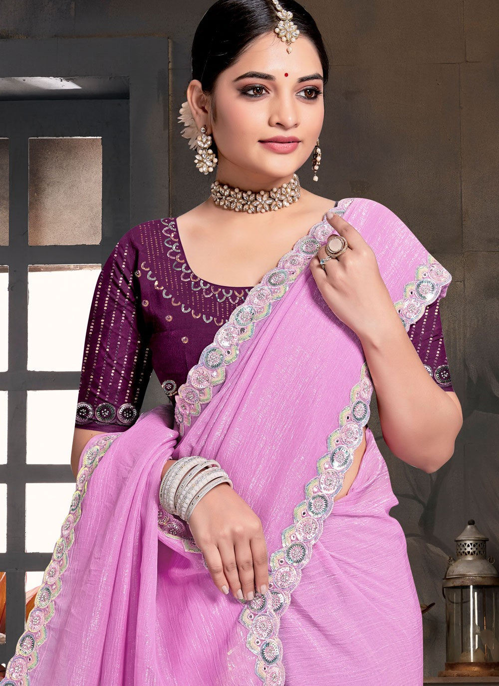 Designer Embroidered Pink, Purple Silk Saree S13120