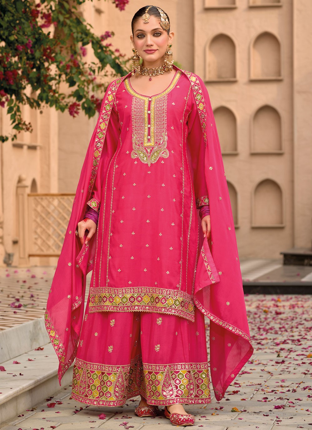 Salwar Suit Embroidered Hot Pink, Pink Chinon T5411
