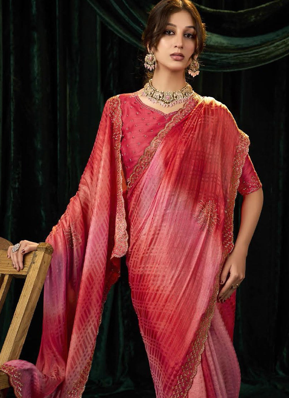 Hot Pink Silk Contemporary Saree Beads, Border Work, Thread S19295