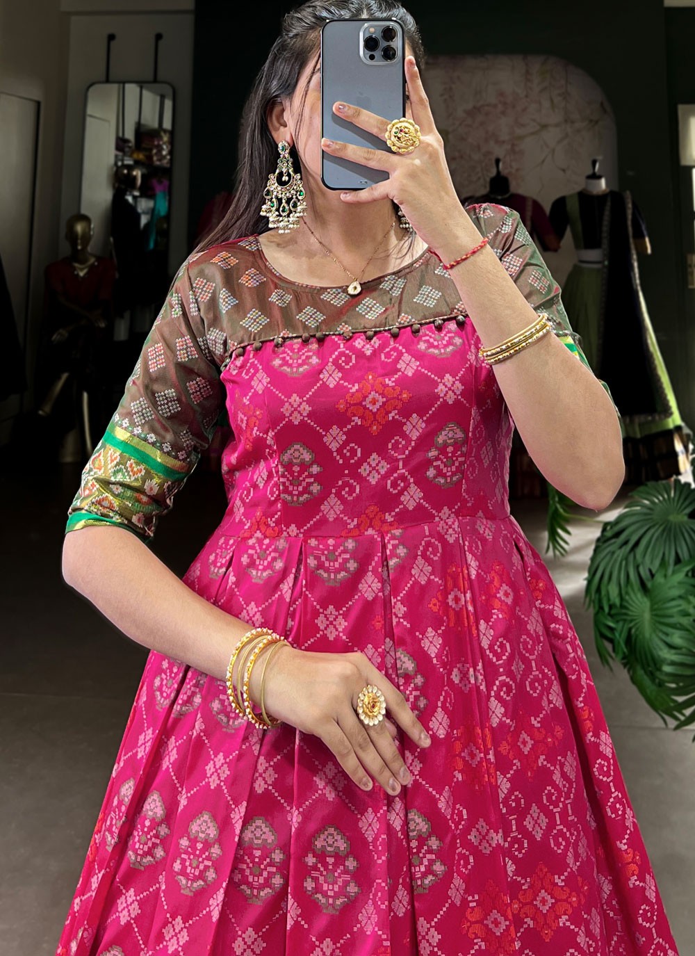 Patola Print Jacquard Silk Hot Pink Gown G1957