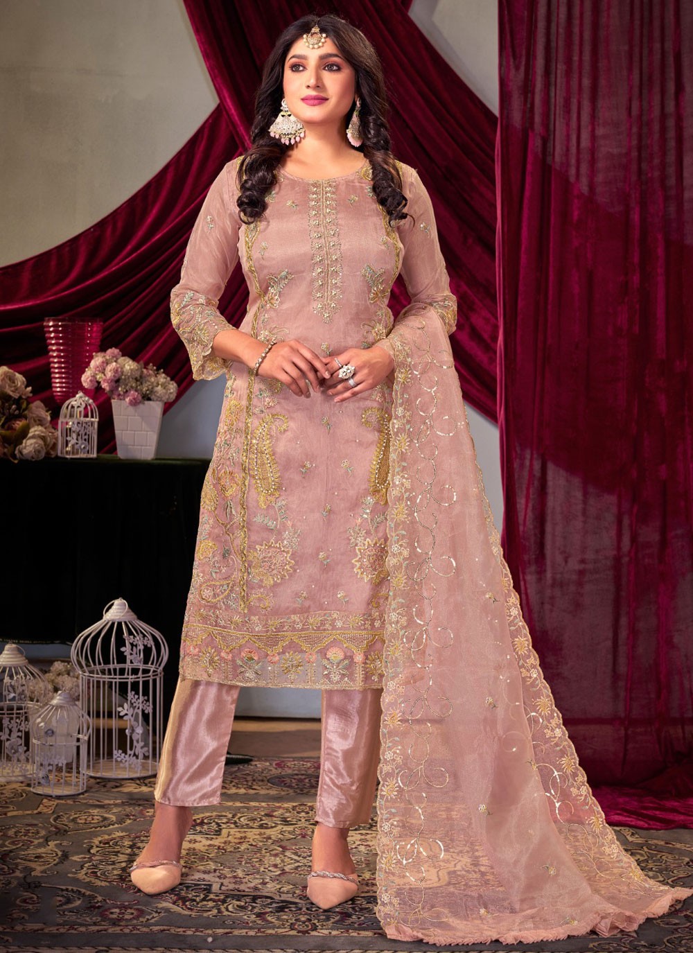 Embroidered Organza Pink Salwar Suit T5945