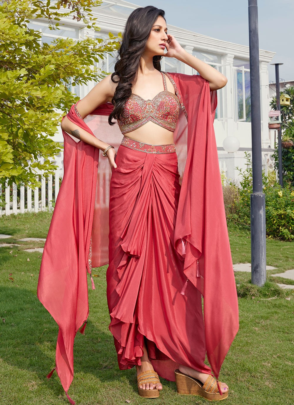 Plain Georgette Pink, Rust Lehenga - L3403