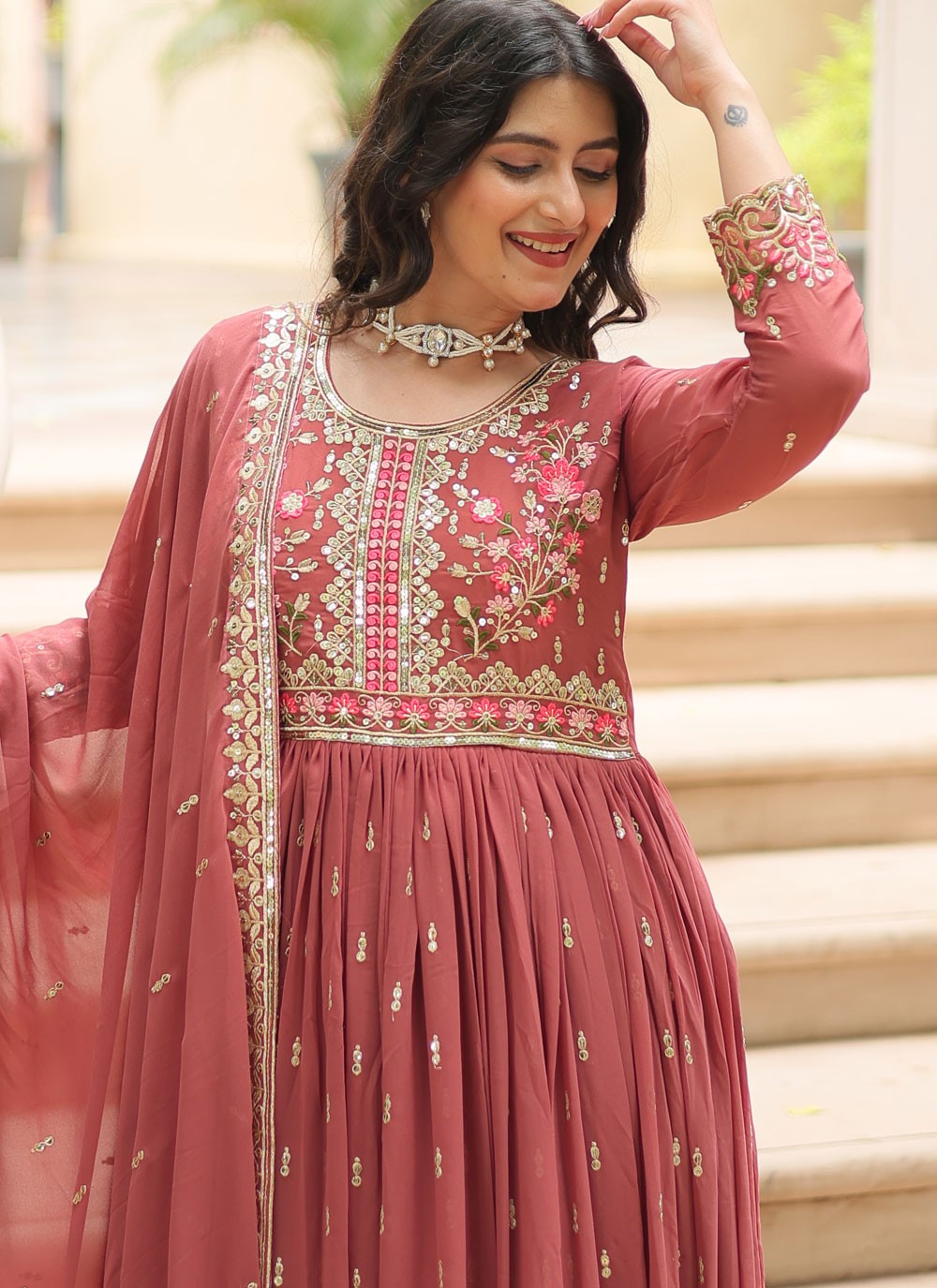 Salwar Suit Embroidered Pink, Rust Faux Georgette T5051