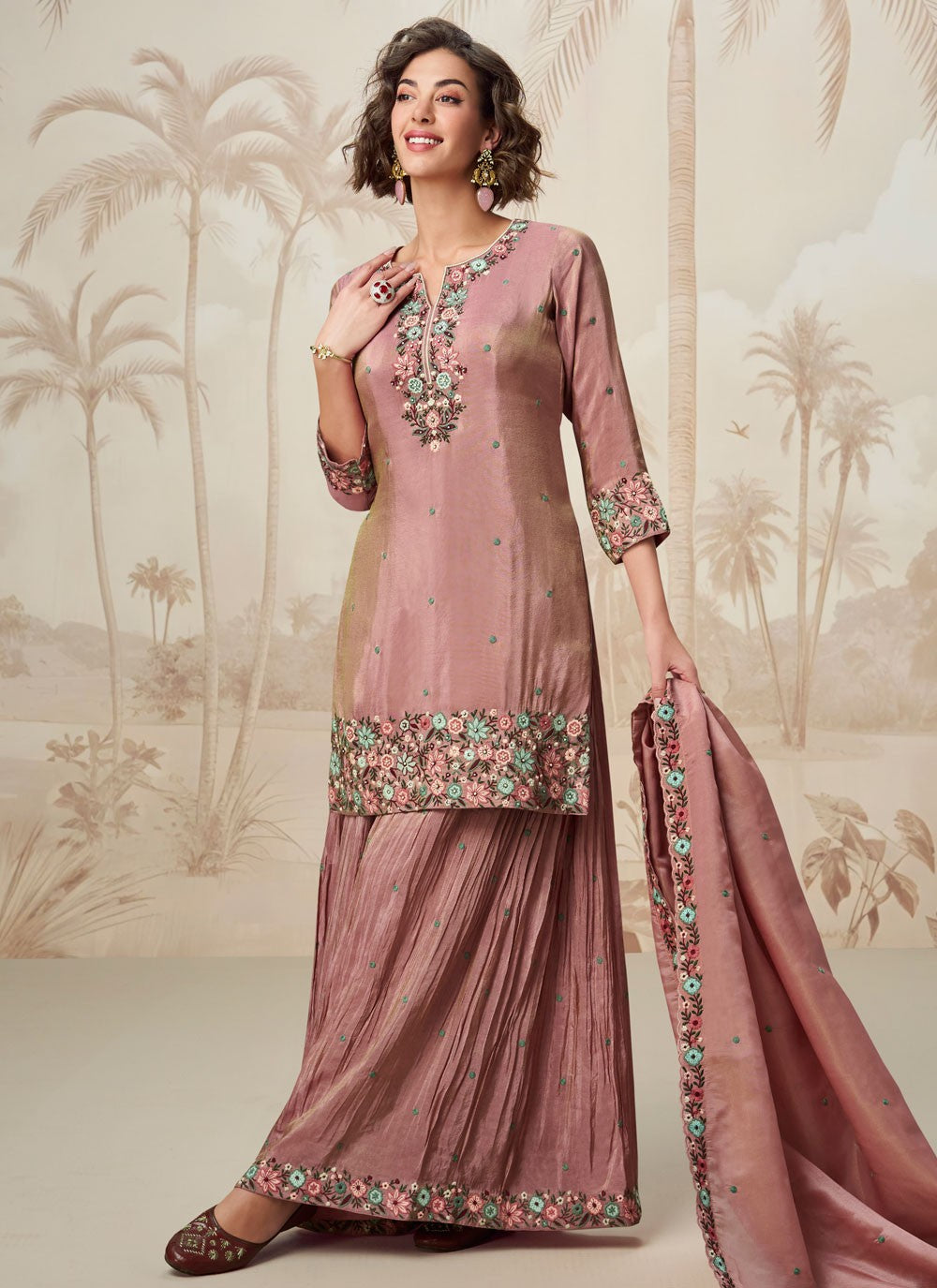 Sharara Suit Embroidered, Stones Pink T6817