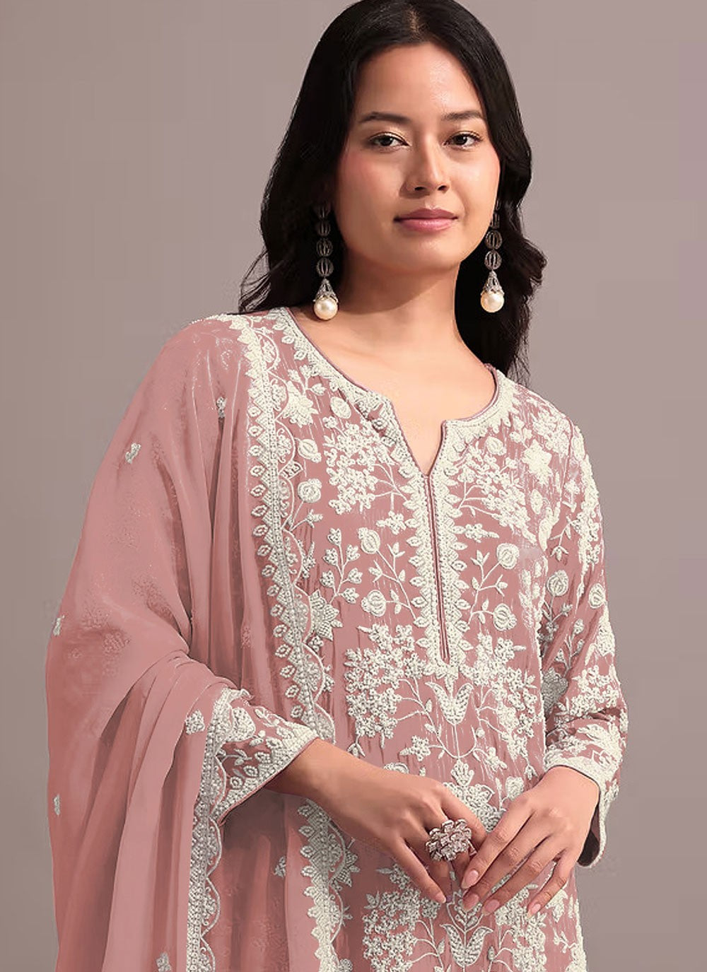 Sharara Suit Embroidered, Khatli Work, Thread Pink T6734