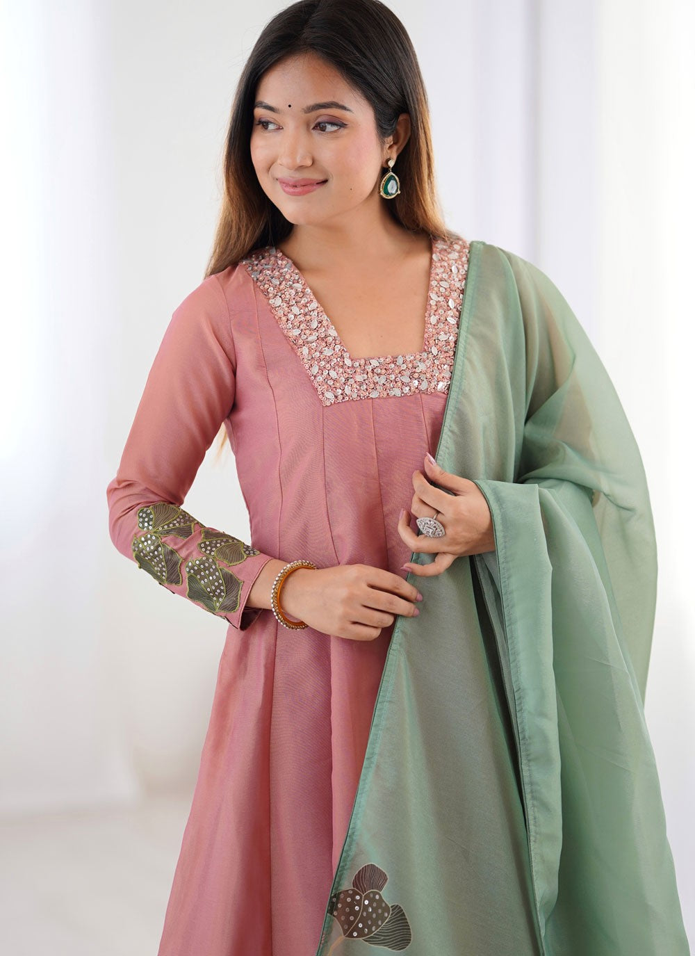 Anarkali Sequins, Stones, Thread Pink T7303