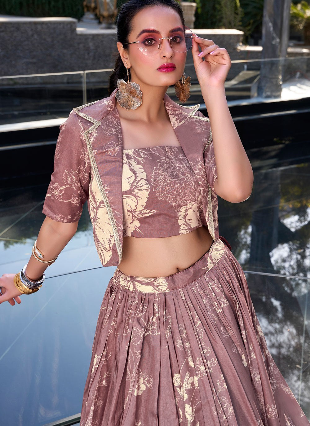 Floral Printed Tussar Silk Pink Readymade Lehenga Choli L3792