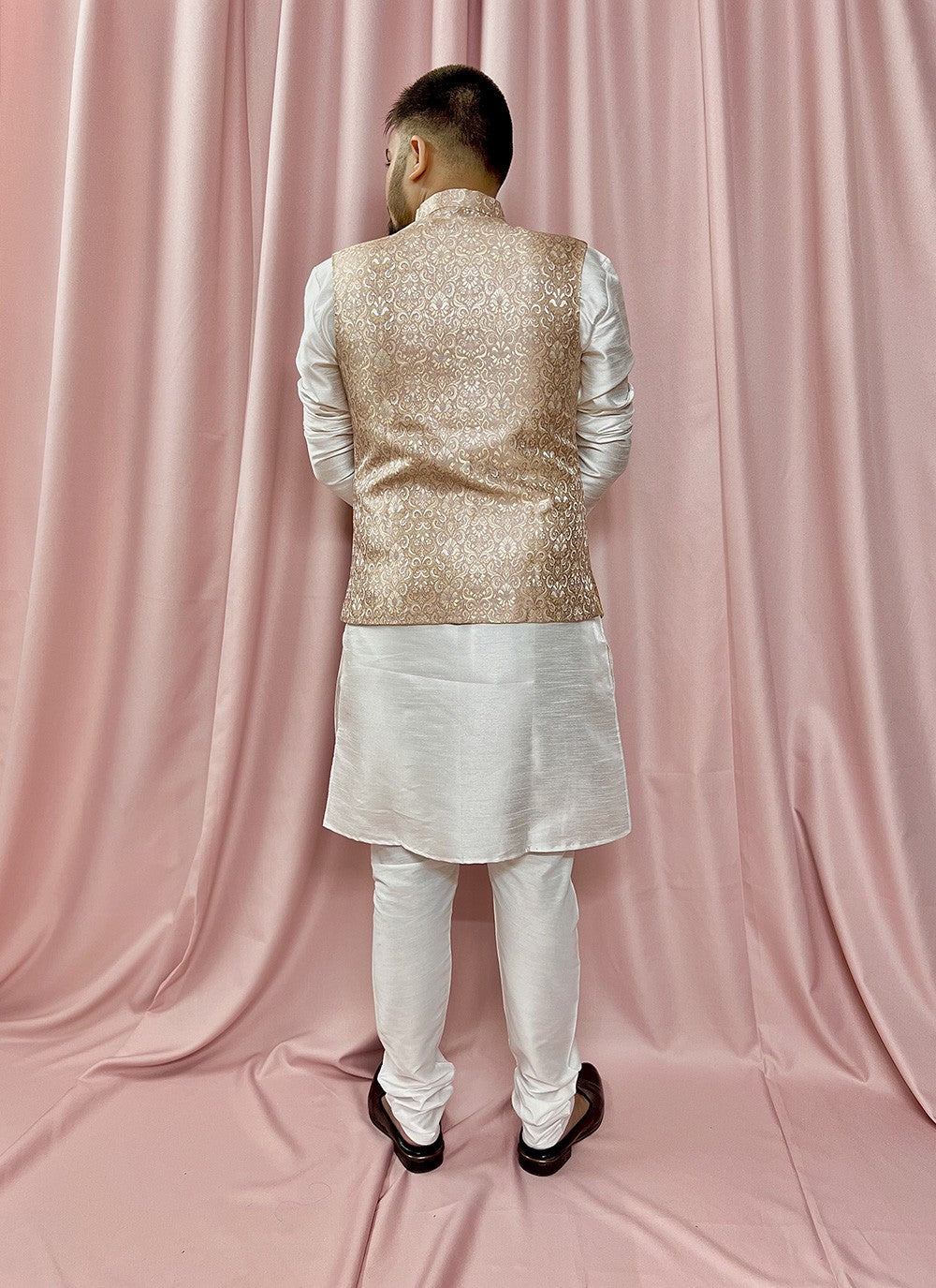 Fancy Work Jacquard, Silk Pink, White Kurta Payjama With Jacket - M5880