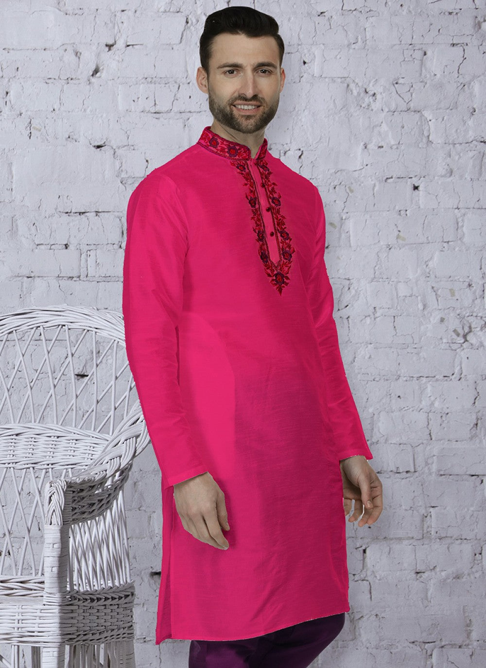 Embroidered Art Dupion Silk Pink Kurta - M1457