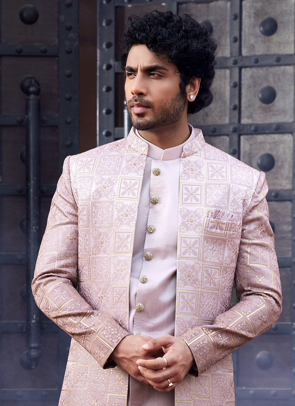 Fancy Work Art Silk Pink Indo Western Sherwani - M6156