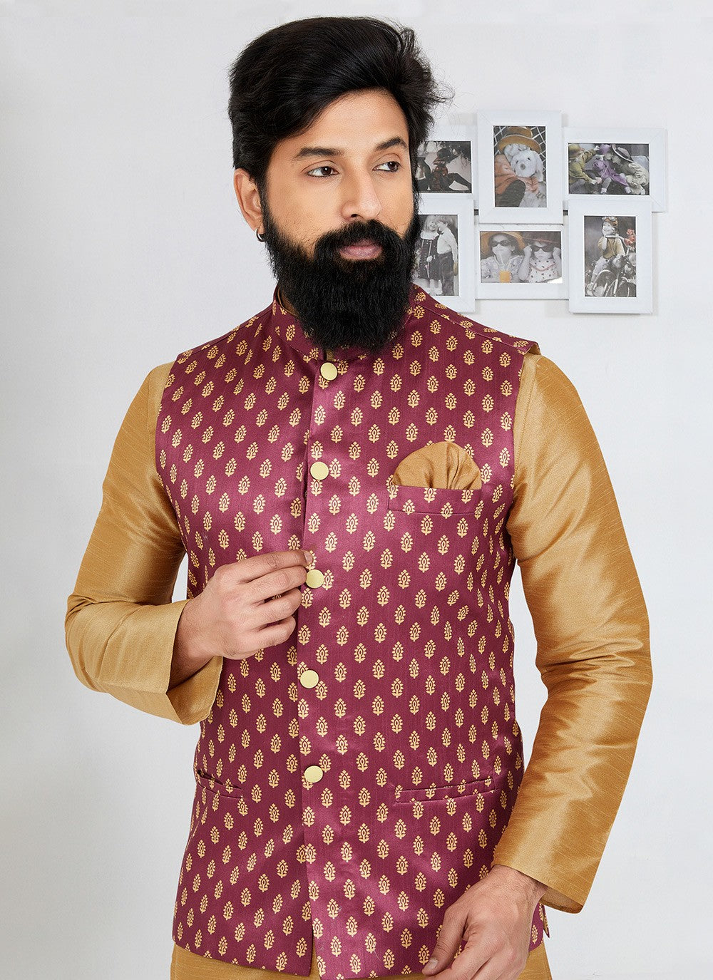 Printed Banarasi Silk Pink Nehru Jackets - M7489