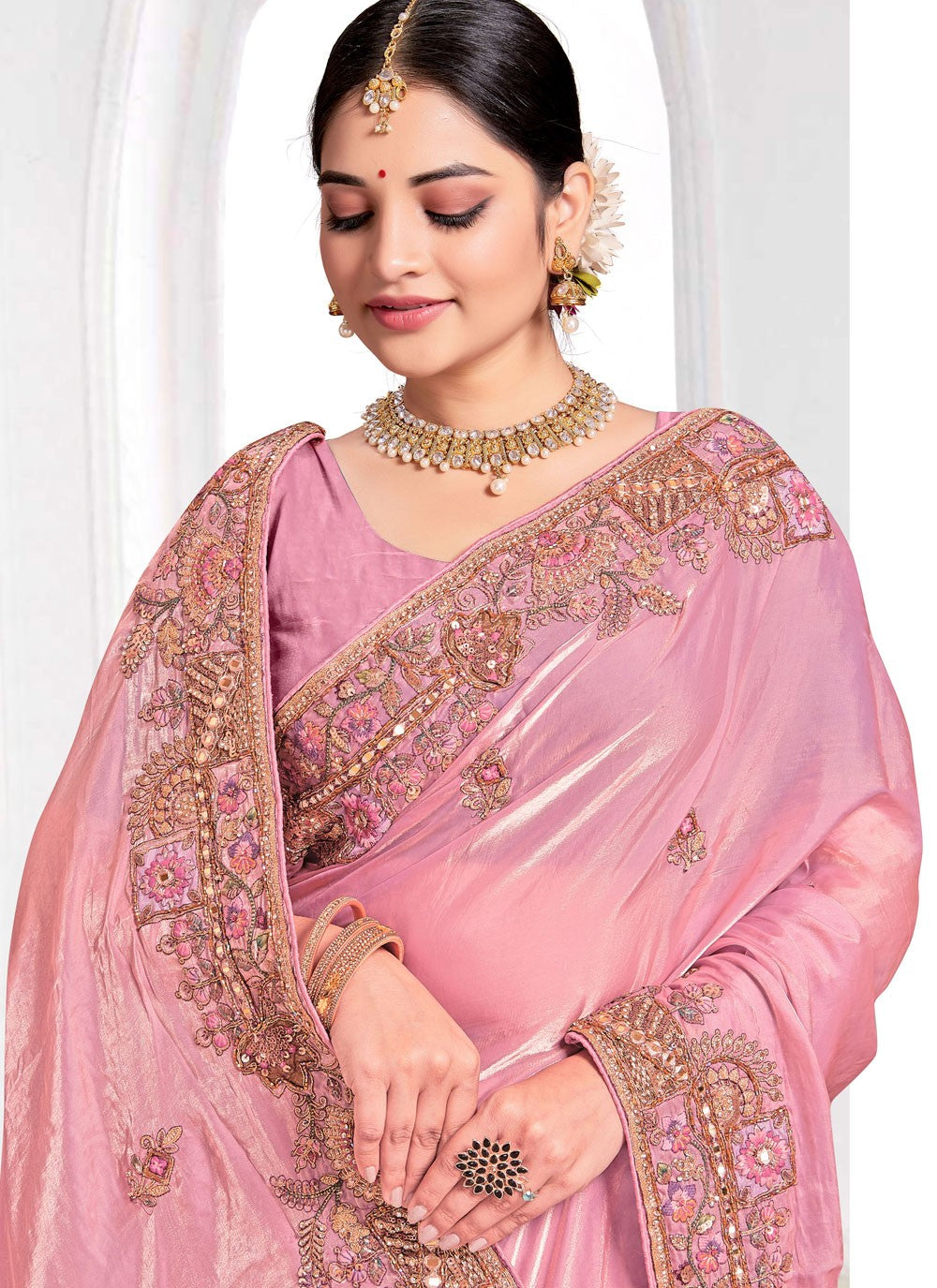Contemporary Beads Pink Silk Saree S13085