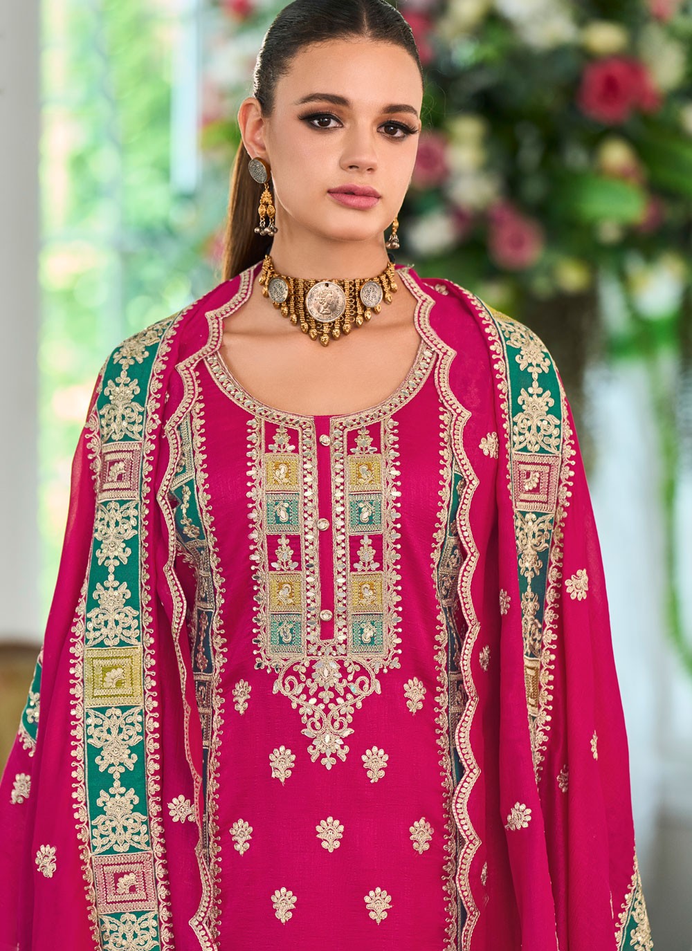 Pant Style Suit Embroidered, Resham, Zari Pink T8465