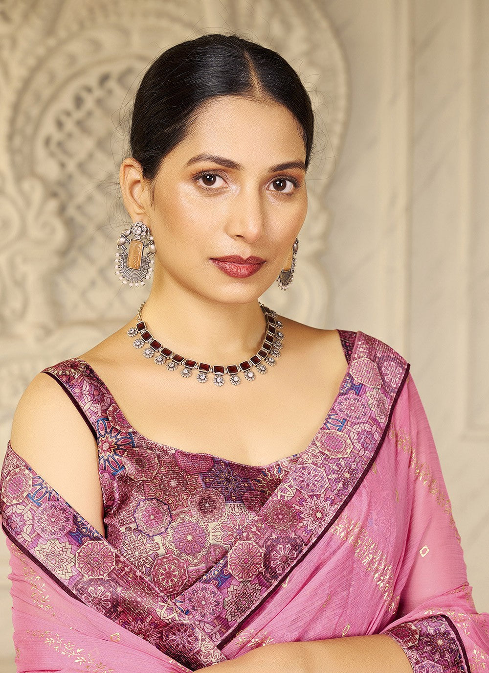 Foliage Prints Chiffon Pink Contemporary Saree S15272