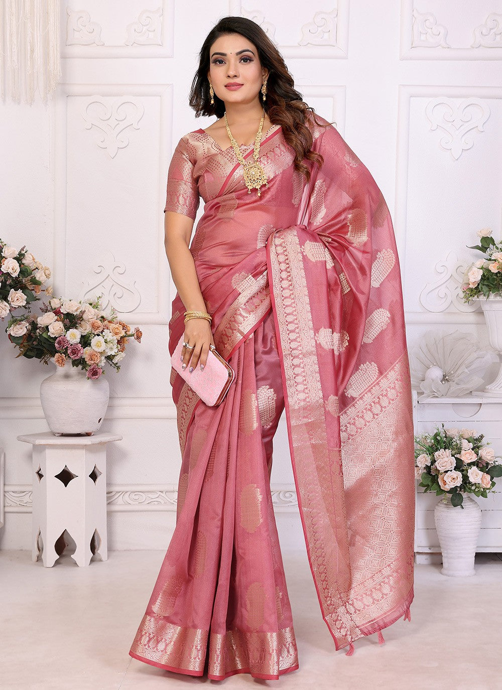 Casual Woven Pink Organza Saree S13624